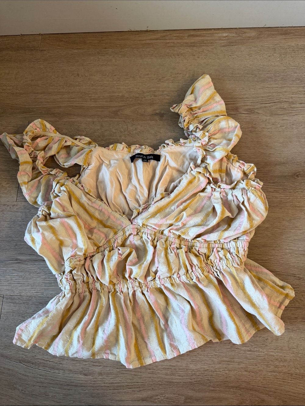 Smocked Striped Peplum Blouse in Yellow & Pink